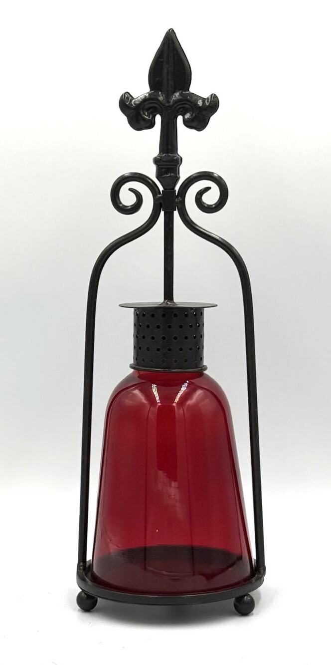 VTG Red GLASS METAL STAND Chimney Candle Hurricane Holder Lantern 17"T 6.5"W